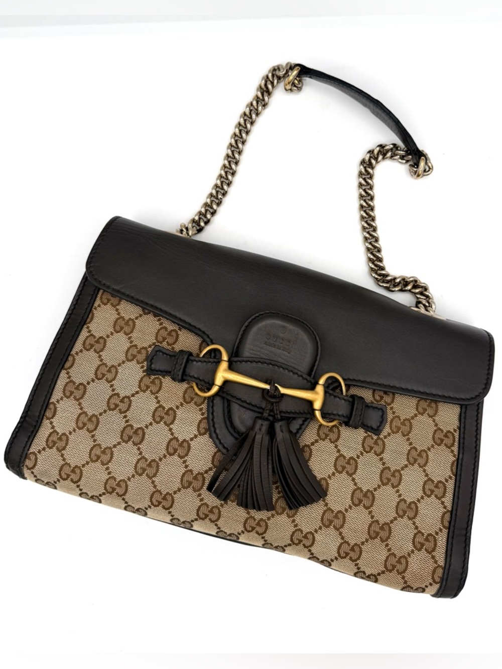 Gucci Brown GG Canvas and Black Leather Emily Shoulder Bag